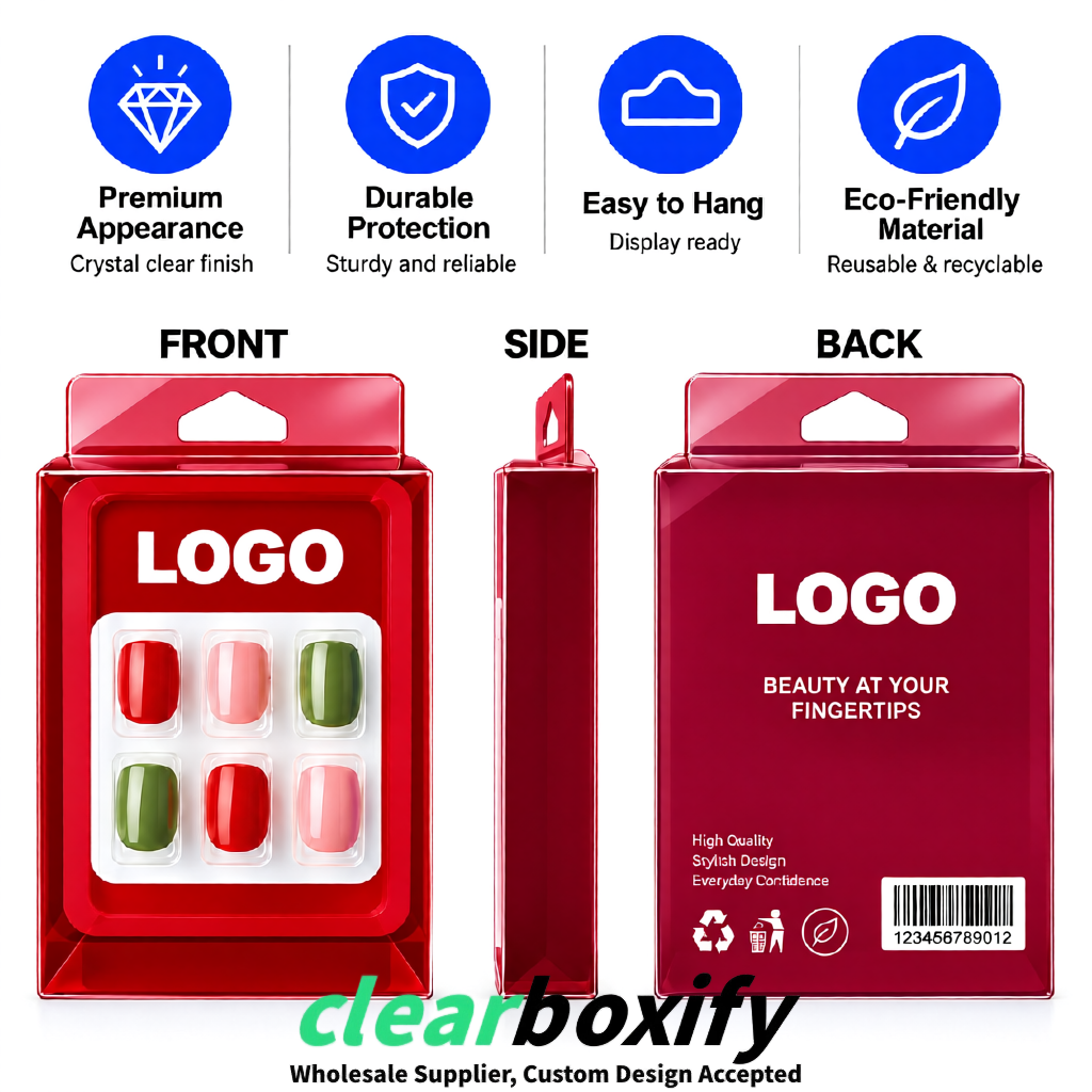Scarlet Clear Press-on Nails Box with Hanging Hook | Plastic PVC PP PET Packaging