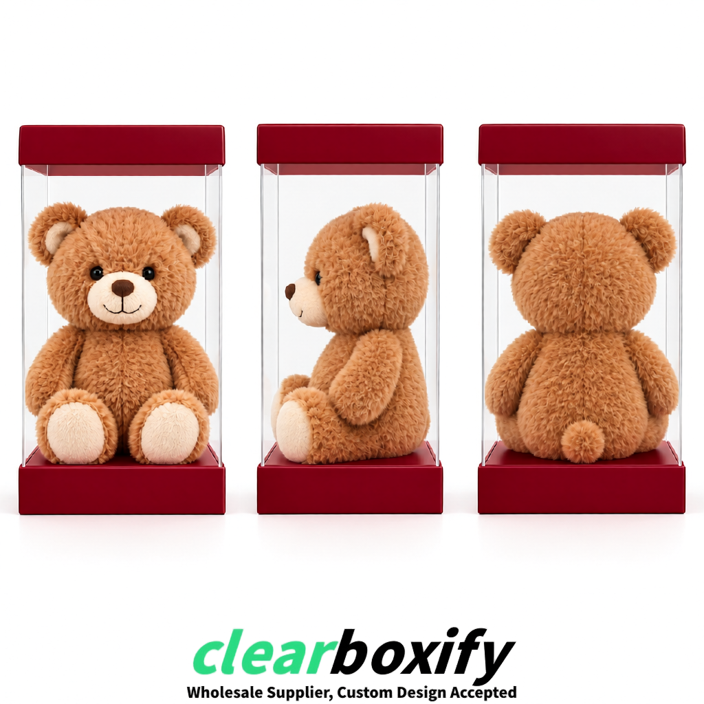 Scarlet Clear Toy Display Boxes with White Base & Top | Wholesale Bulk Packaging