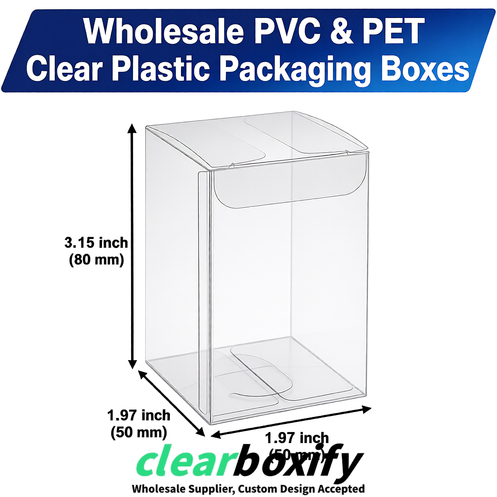 Silver Clear PVC & PET Boxes 38x38x38, 40x40x40, 50x50x50/80mm