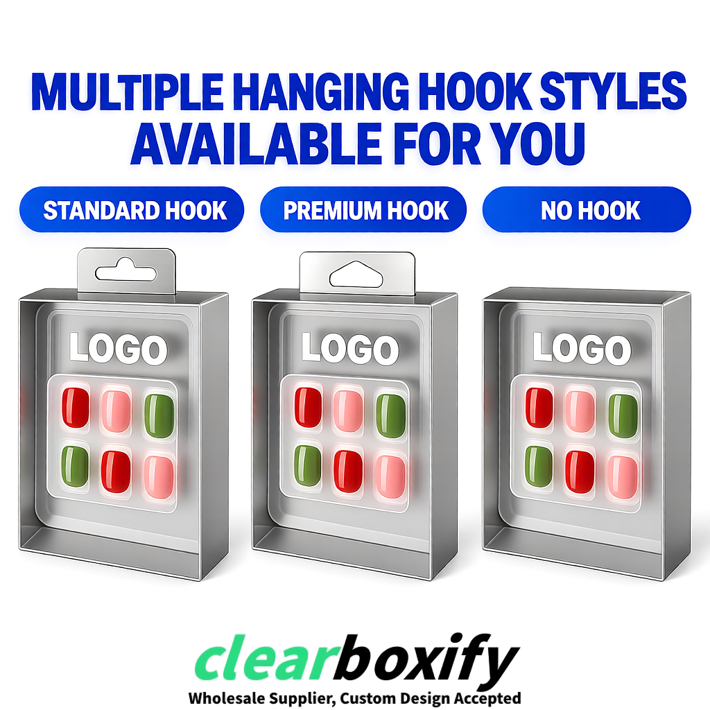 Silver Clear Press-on Nails Box with Hanging Hook | Plastic PVC PP PET Packaging