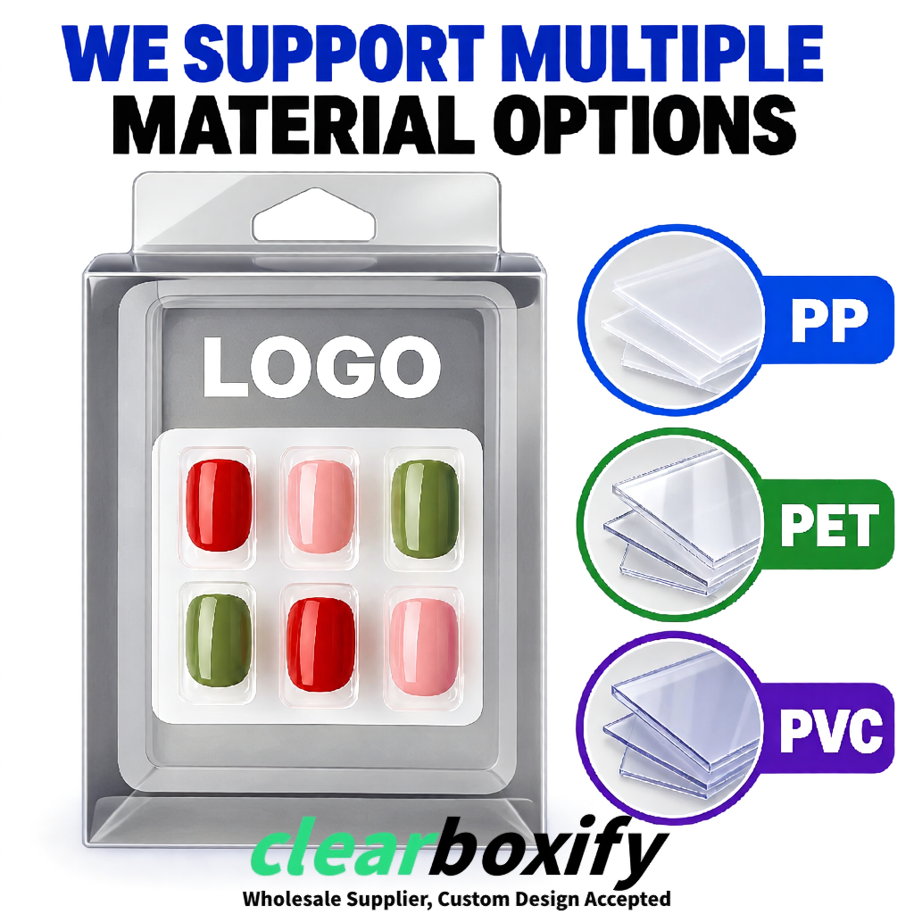 Silver Clear Press-on Nails Box with Hanging Hook | Plastic PVC PP PET Packaging