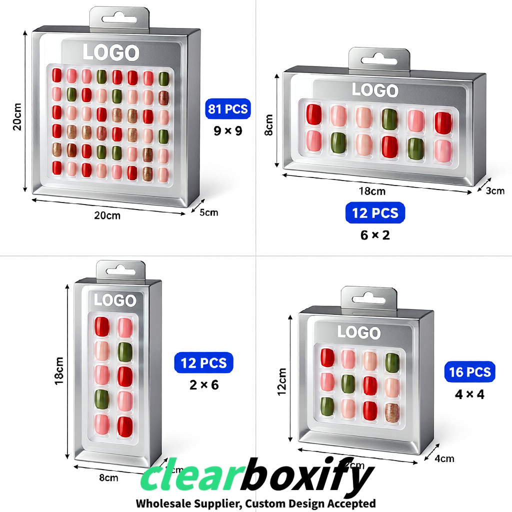 Silver Clear Press-on Nails Box with Hanging Hook | Plastic PVC PP PET Packaging