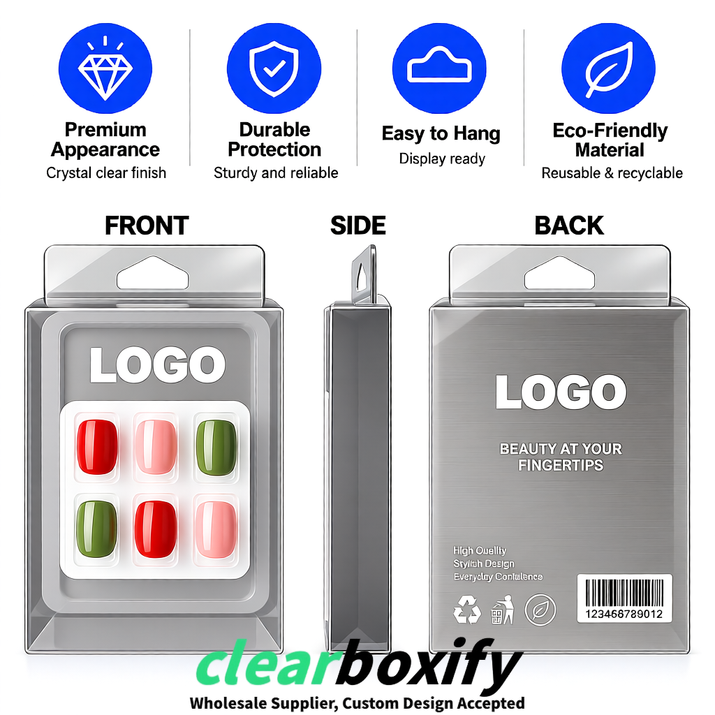 Silver Clear Press-on Nails Box with Hanging Hook | Plastic PVC PP PET Packaging