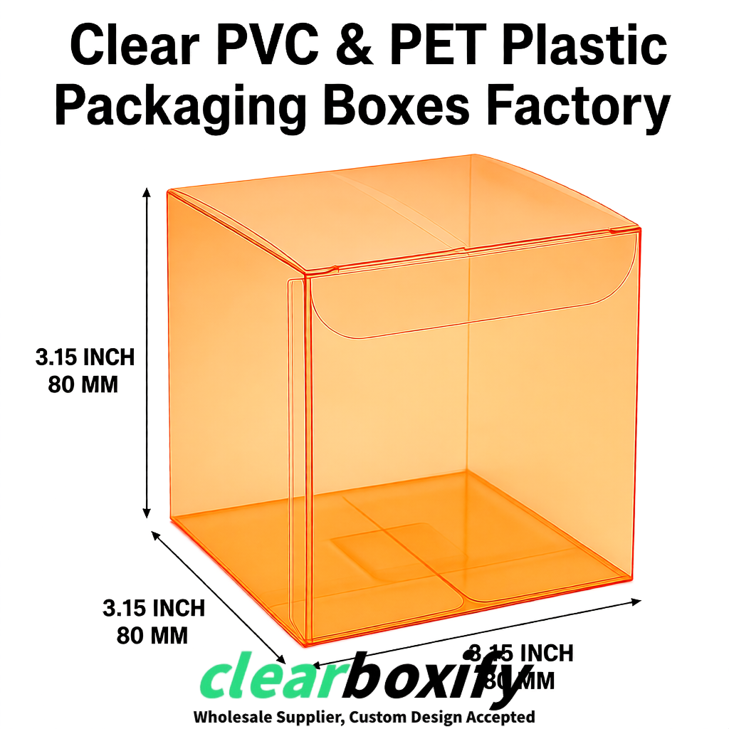 Tangerine PPWR-ready PVC & PET Clear Boxes 80x80x80/120/140/190mm 70x70x160 mm Factory Tangerine PPWR-ready PVC & PET Clear Boxes 80x80x80/120/140/190mm 70x70x160 mm Factory