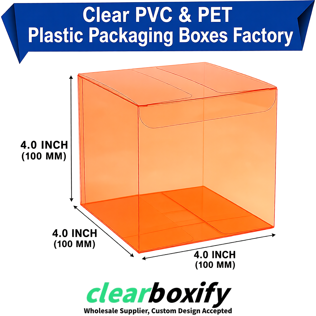 Wholesale Tangerine Clear PVC & PET Boxes 90x90x90mm 100x100x30/50/100mm