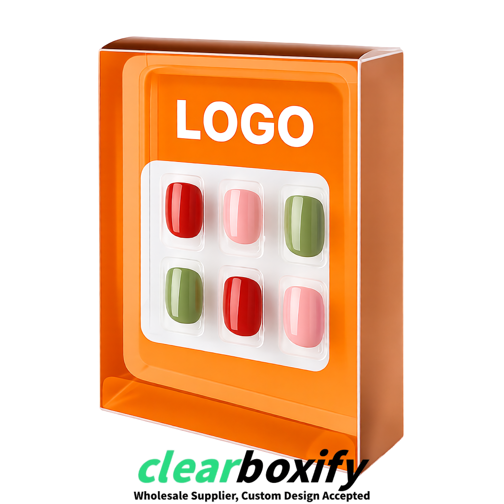 Tangerine Clear Press-on Nails Box with Hanging Hook | Plastic PVC PP PET Packaging