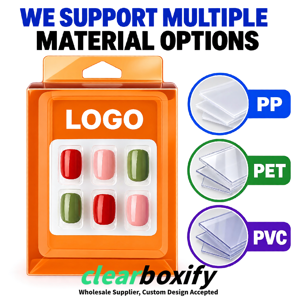 Tangerine Clear Press-on Nails Box with Hanging Hook | Plastic PVC PP PET Packaging