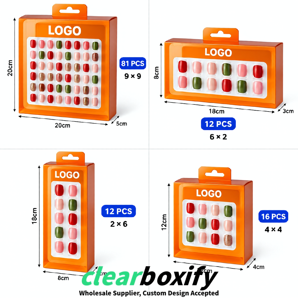 Tangerine Clear Press-on Nails Box with Hanging Hook | Plastic PVC PP PET Packaging