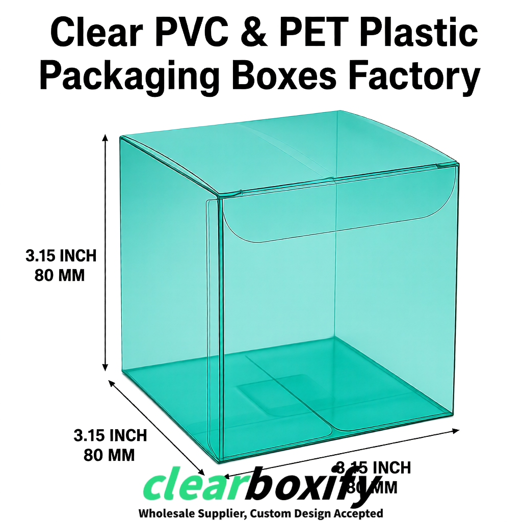 Teal PPWR-ready PVC & PET Clear Boxes 80x80x80/120/140/190mm 70x70x160 mm Factory