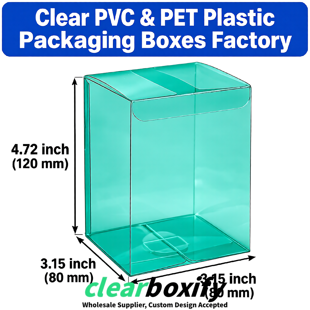 Teal PPWR-ready PVC & PET Clear Boxes 80x80x80/120/140/190mm 70x70x160 mm Factory