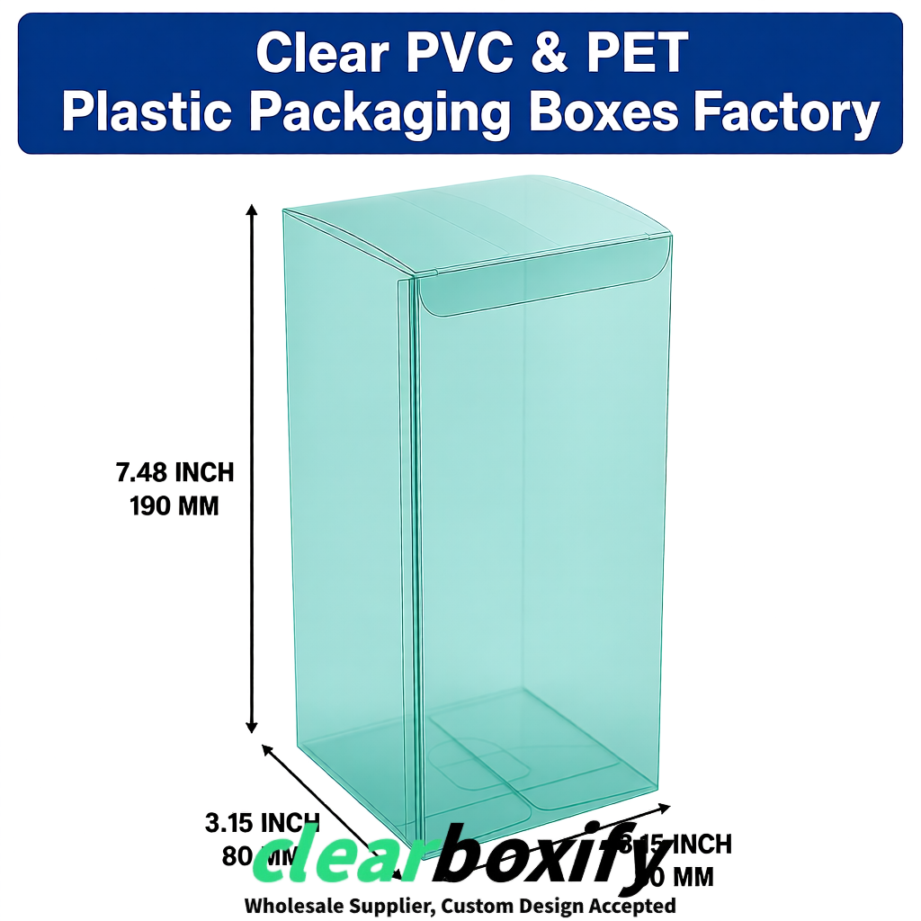 Teal PPWR-ready PVC & PET Clear Boxes 80x80x80/120/140/190mm 70x70x160 mm Factory