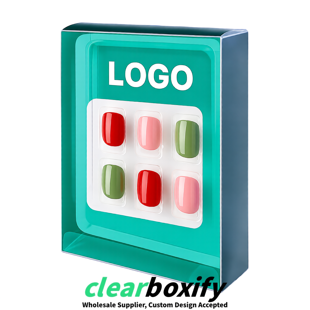 Teal Clear Press-on Nails Box with Hanging Hook | Plastic PVC PP PET Packaging