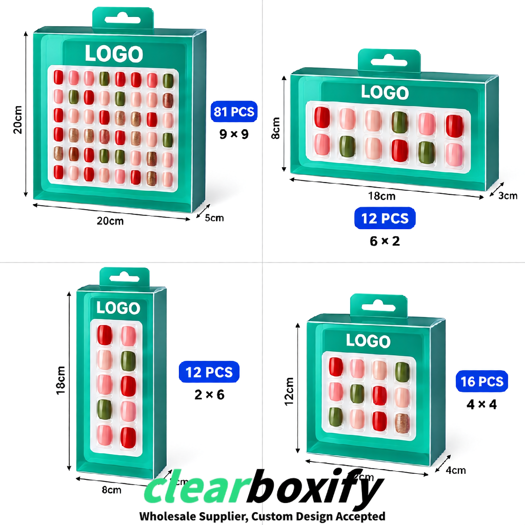 Teal Clear Press-on Nails Box with Hanging Hook | Plastic PVC PP PET Packaging