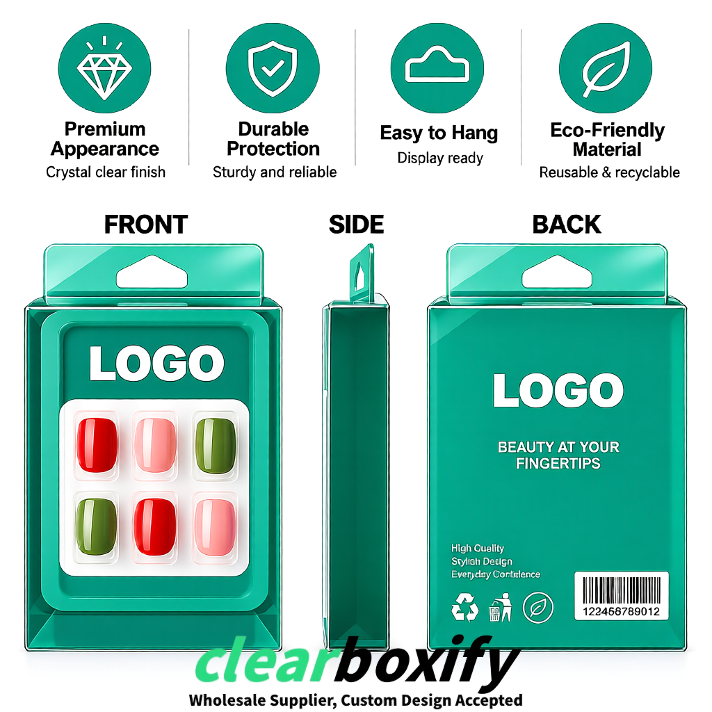 Teal Clear Press-on Nails Box with Hanging Hook | Plastic PVC PP PET Packaging