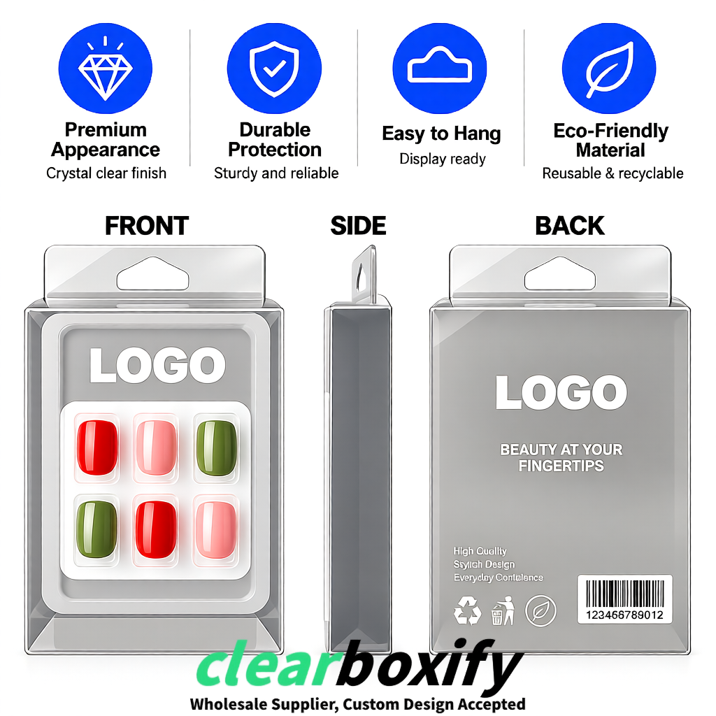 Transparent Clear Press-on Nails Box with Hanging Hook | Plastic PVC PP PET Packaging Transparent Clear Press-on Nails Box with Hanging Hook | Plastic PVC PP PET Packaging