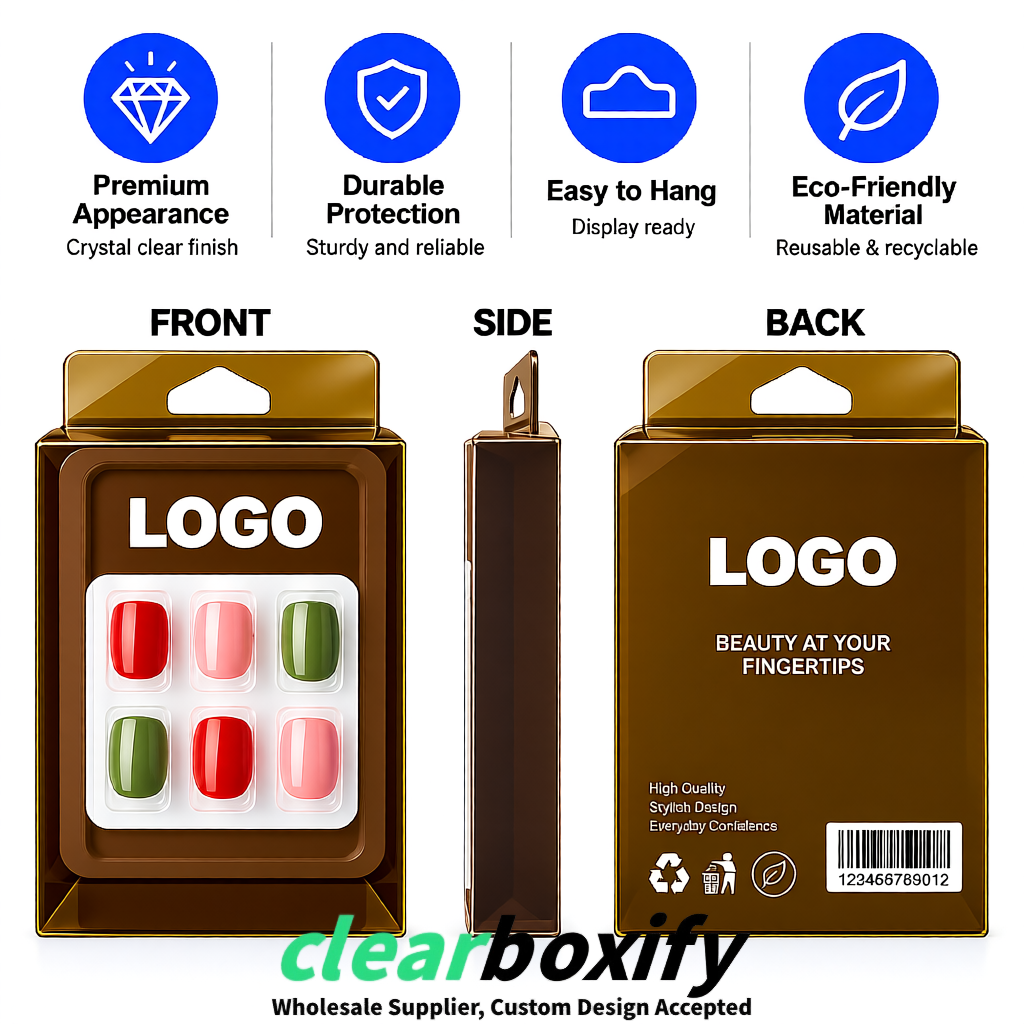 Umber Clear Press-on Nails Box with Hanging Hook | Plastic PVC PP PET Packaging Umber Clear Press-on Nails Box with Hanging Hook | Plastic PVC PP PET Packaging