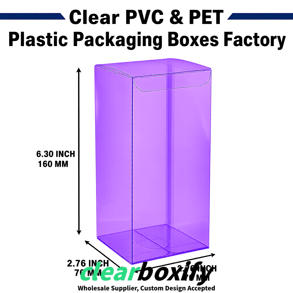Violet PPWR-ready PVC & PET Clear Boxes 80x80x80/120/140/190mm 70x70x160 mm Factory