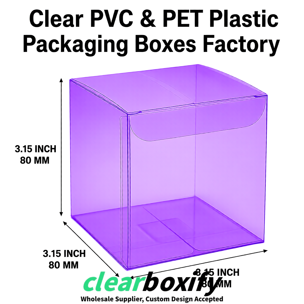 Violet PPWR-ready PVC & PET Clear Boxes 80x80x80/120/140/190mm 70x70x160 mm Factory