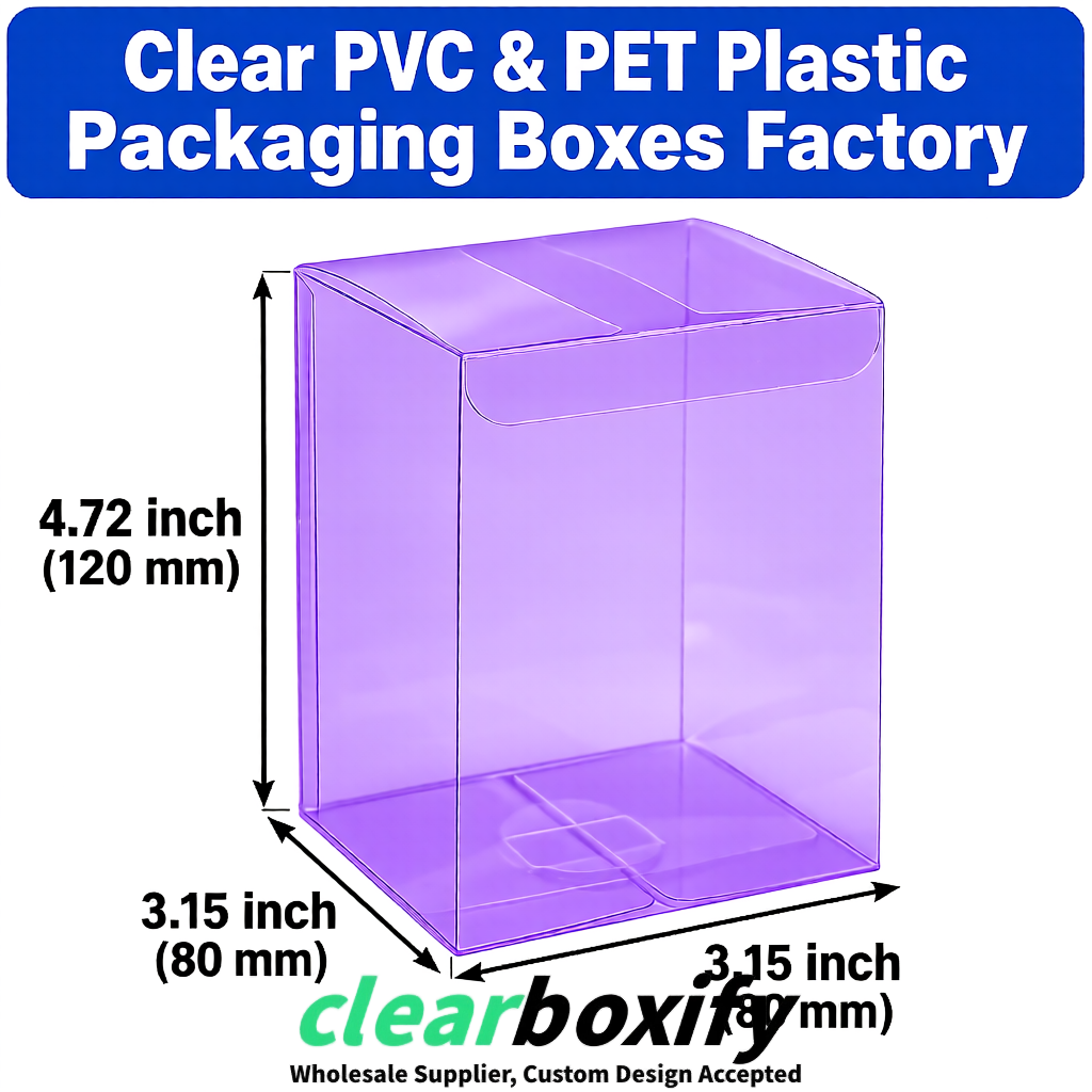 Violet PPWR-ready PVC & PET Clear Boxes 80x80x80/120/140/190mm 70x70x160 mm Factory