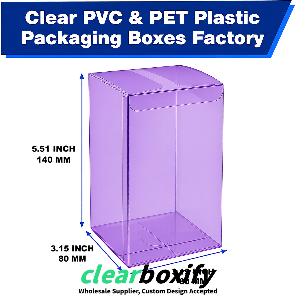 Violet PPWR-ready PVC & PET Clear Boxes 80x80x80/120/140/190mm 70x70x160 mm Factory