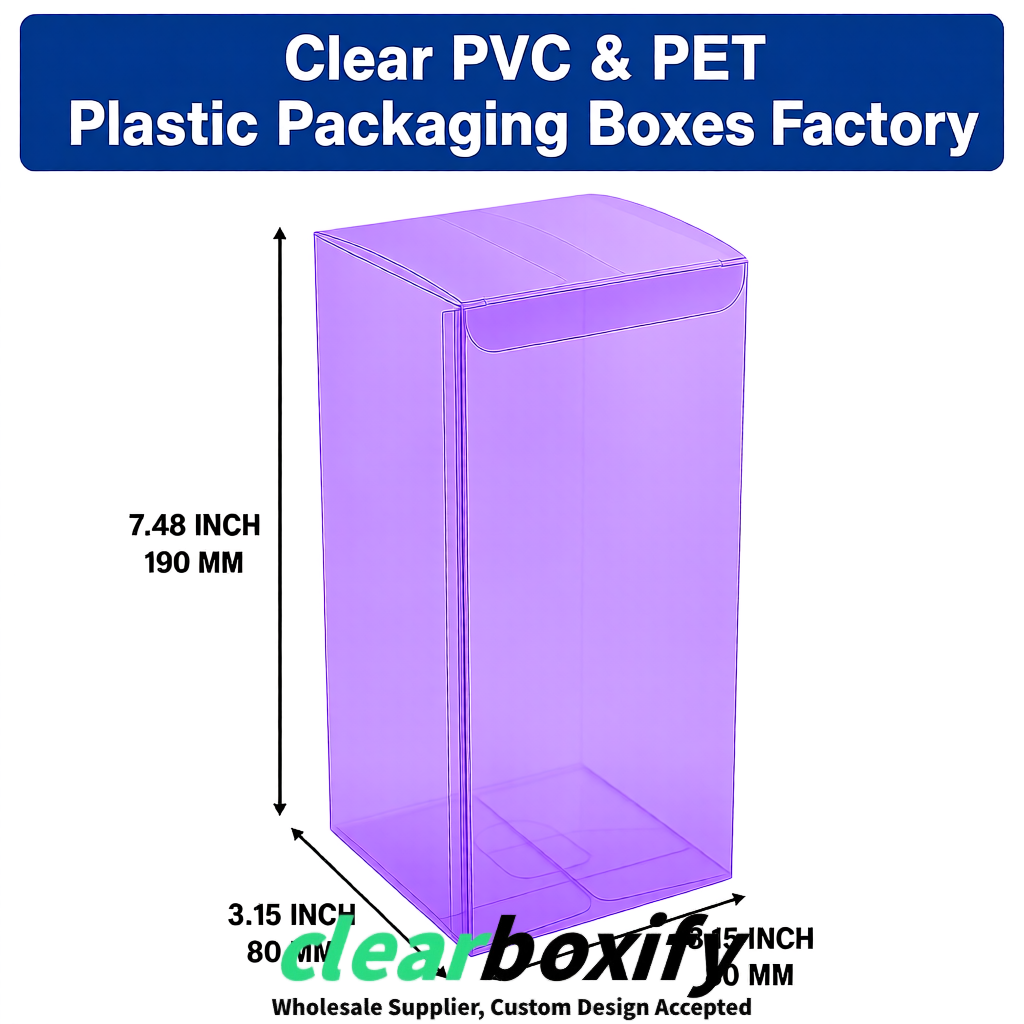 Violet PPWR-ready PVC & PET Clear Boxes 80x80x80/120/140/190mm 70x70x160 mm Factory