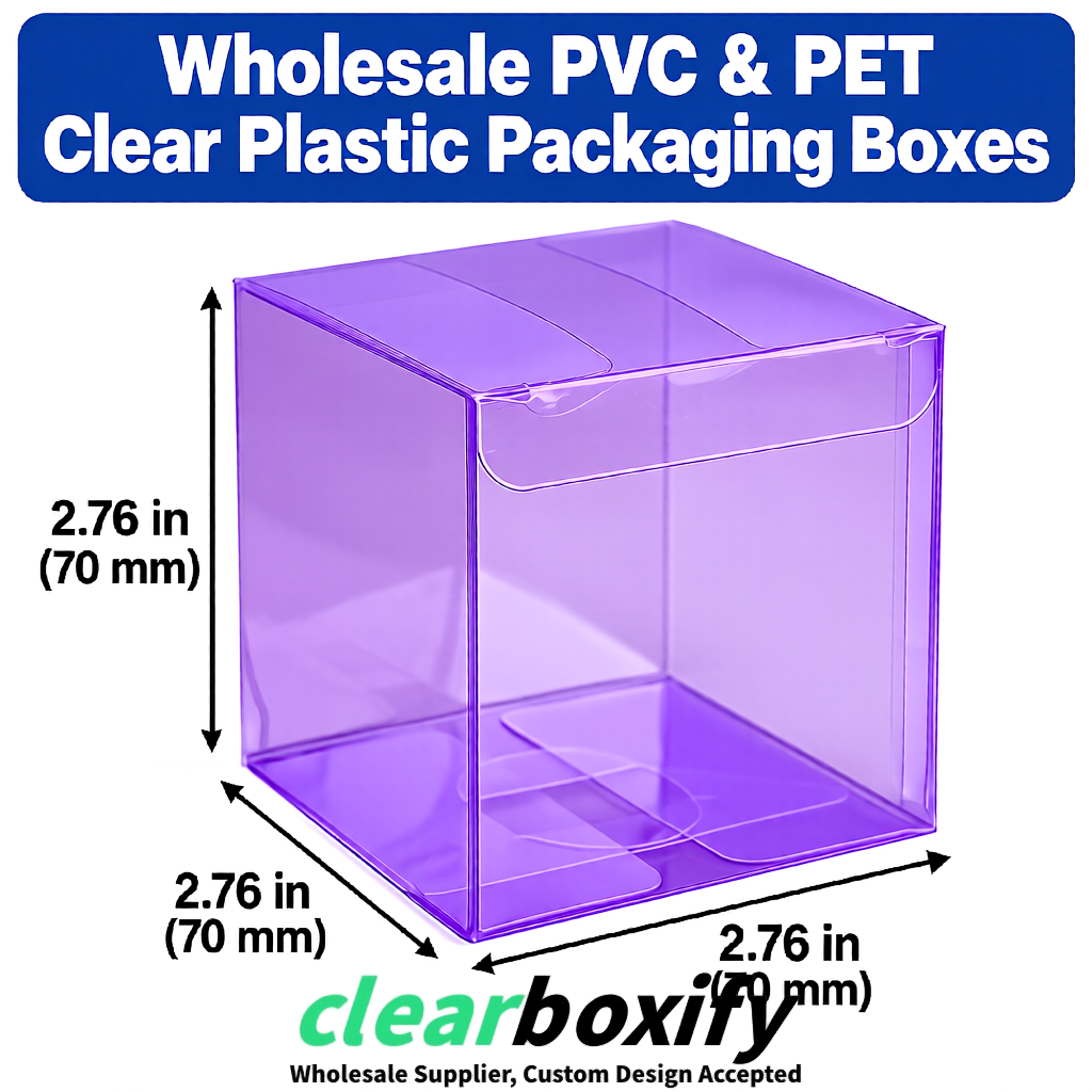 PPWR-Aligned Violet Translucent PVC & PET Boxes 60x60x180mm 76x76x76mm 70x70x70/100/120mm