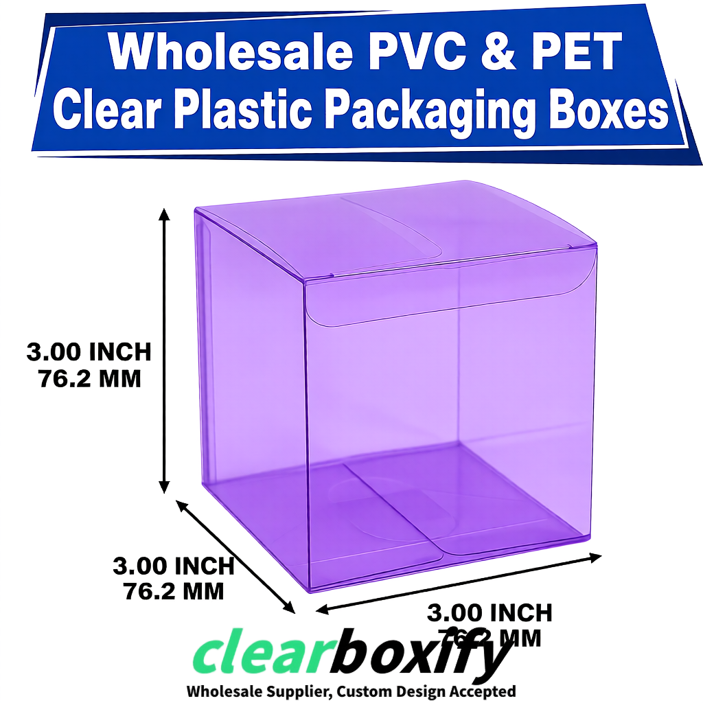 PPWR-Aligned Violet Translucent PVC & PET Boxes 60x60x180mm 76x76x76mm 70x70x70/100/120mm