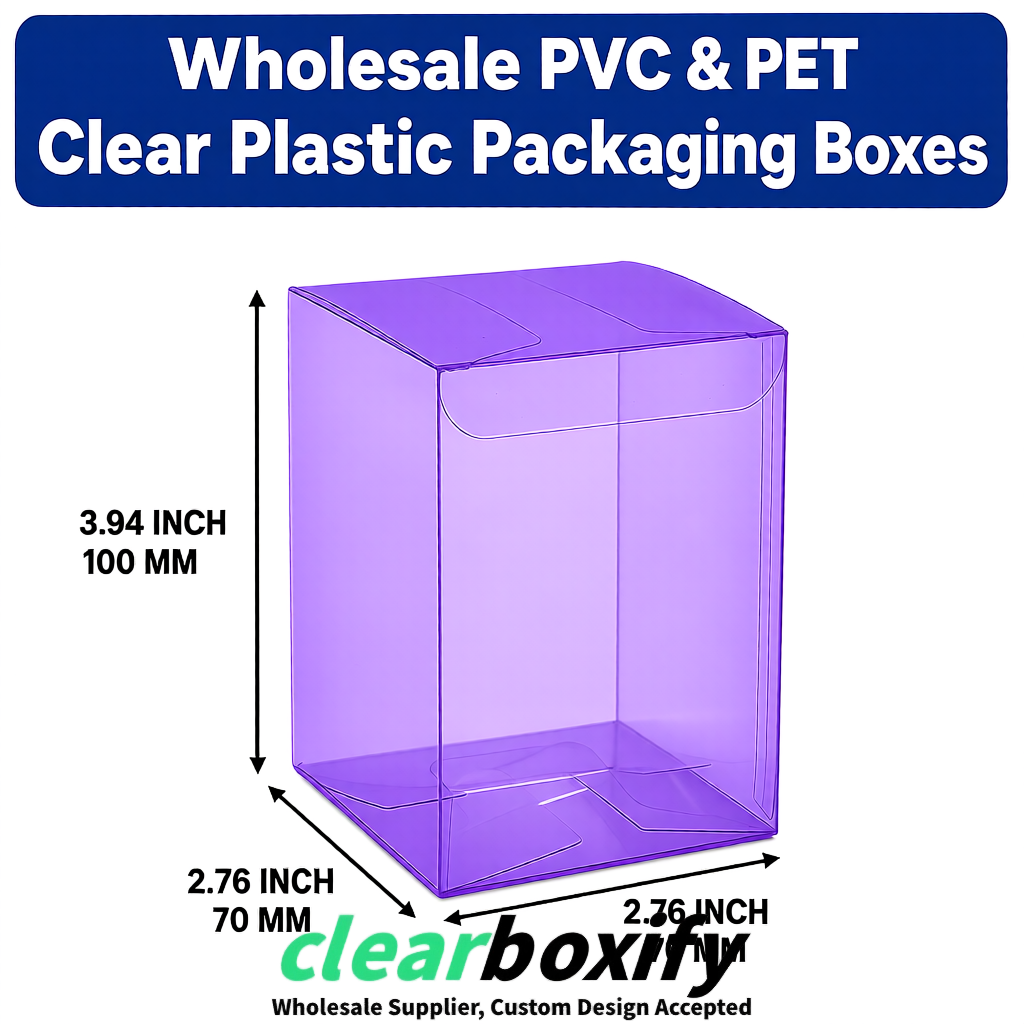 PPWR-Aligned Violet Translucent PVC & PET Boxes 60x60x180mm 76x76x76mm 70x70x70/100/120mm