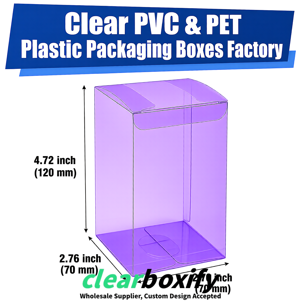 PPWR-Aligned Violet Translucent PVC & PET Boxes 60x60x180mm 76x76x76mm 70x70x70/100/120mm