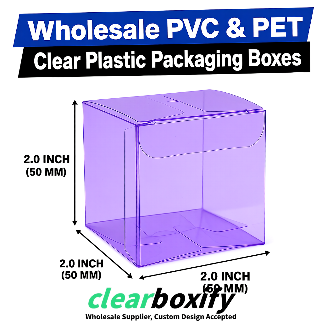 Violet Clear PVC & PET Boxes 38x38x38, 40x40x40, 50x50x50/80mm