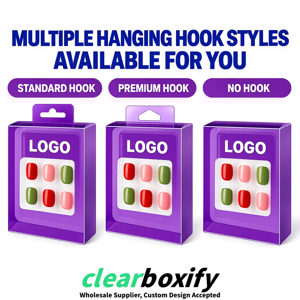 Violet Clear Press-on Nails Box with Hanging Hook | Plastic PVC PP PET Packaging