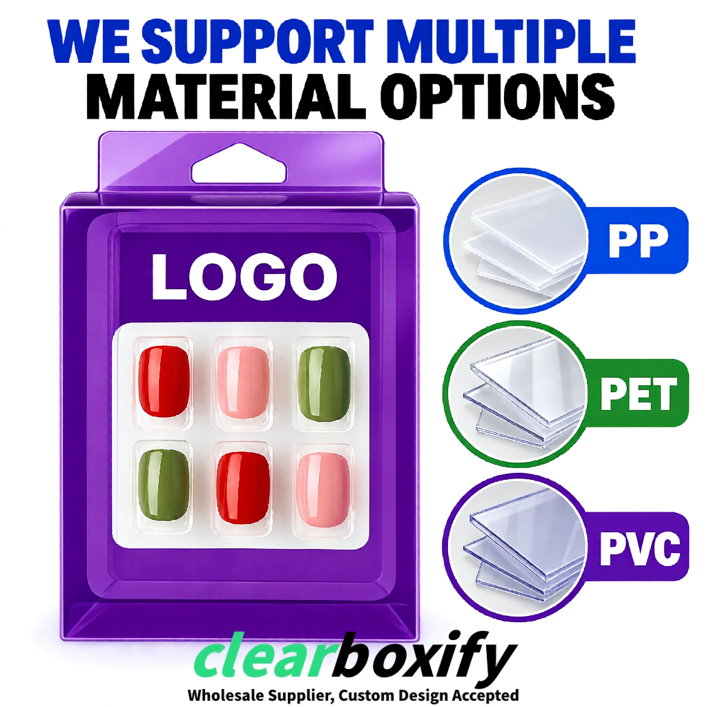 Violet Clear Press-on Nails Box with Hanging Hook | Plastic PVC PP PET Packaging