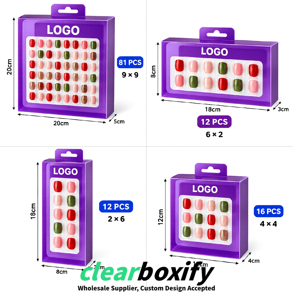 Violet Clear Press-on Nails Box with Hanging Hook | Plastic PVC PP PET Packaging