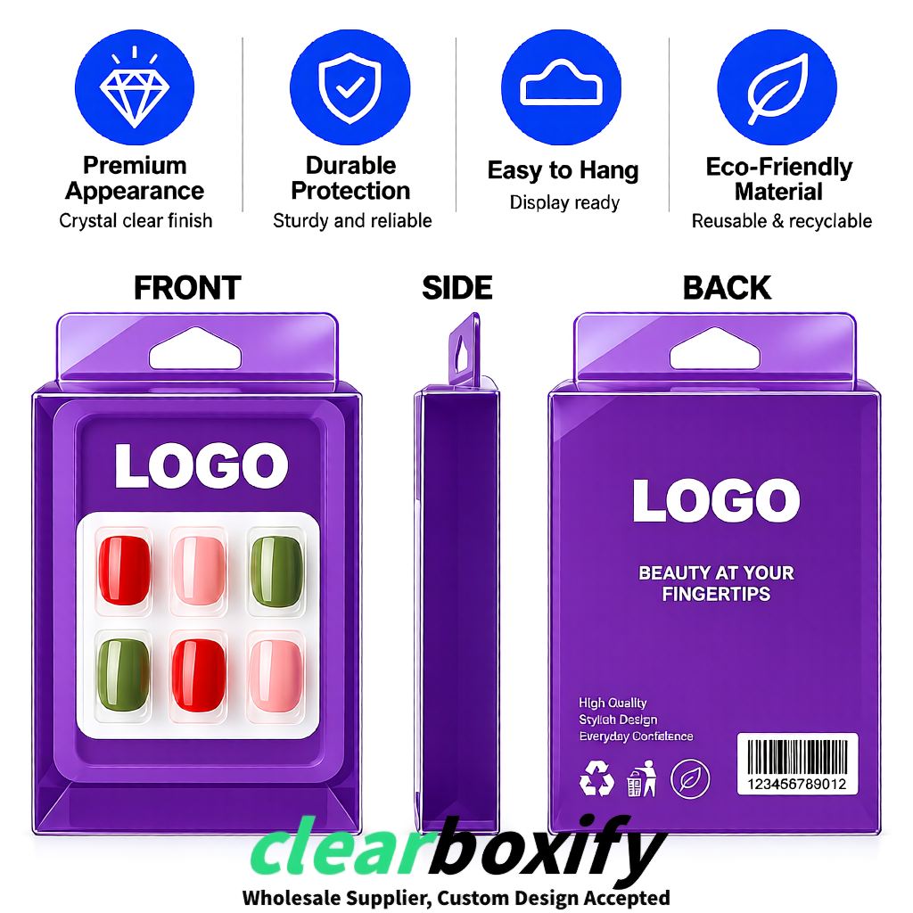 Violet Clear Press-on Nails Box with Hanging Hook | Plastic PVC PP PET Packaging
