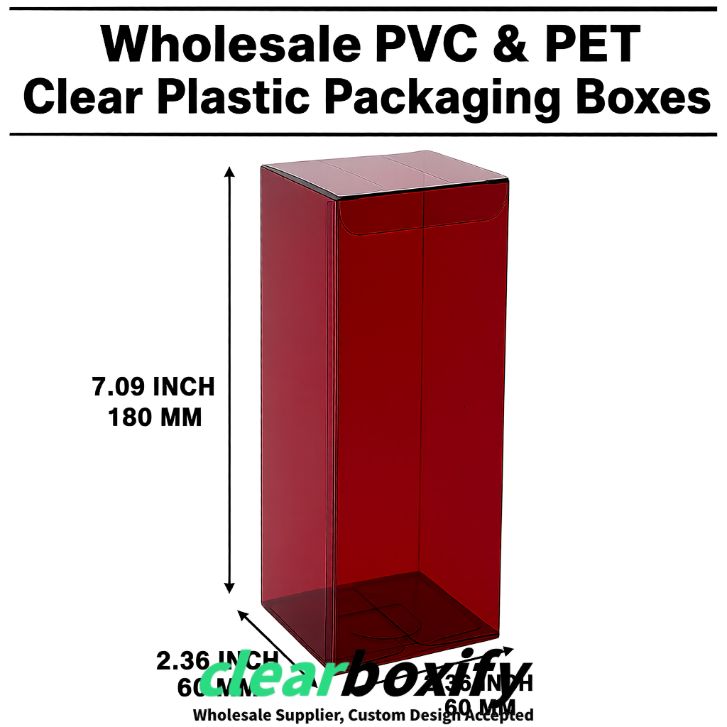 PPWR-Aligned Wine Red Translucent PVC & PET Boxes 60x60x180mm 76x76x76mm 70x70x70/100/120mm