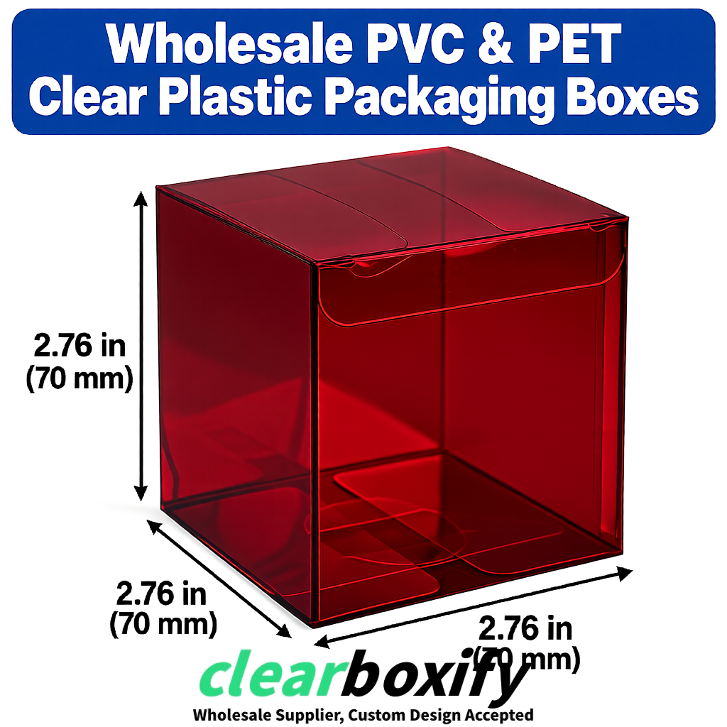 PPWR-Aligned Wine Red Translucent PVC & PET Boxes 60x60x180mm 76x76x76mm 70x70x70/100/120mm