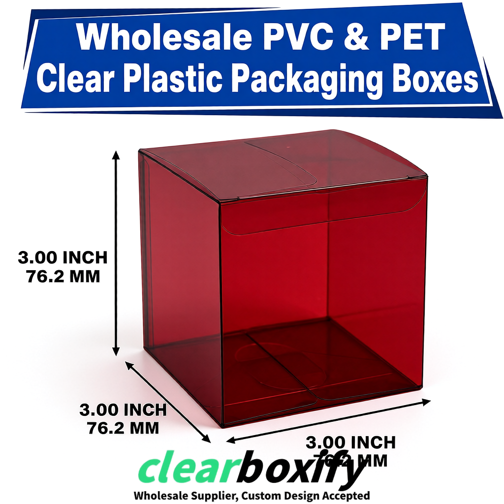 PPWR-Aligned Wine Red Translucent PVC & PET Boxes 60x60x180mm 76x76x76mm 70x70x70/100/120mm