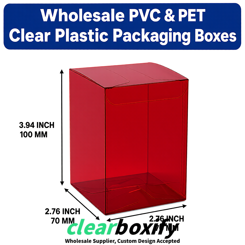PPWR-Aligned Wine Red Translucent PVC & PET Boxes 60x60x180mm 76x76x76mm 70x70x70/100/120mm
