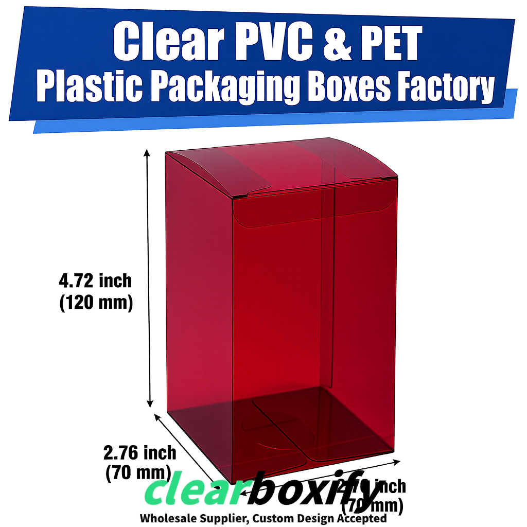 PPWR-Aligned Wine Red Translucent PVC & PET Boxes 60x60x180mm 76x76x76mm 70x70x70/100/120mm