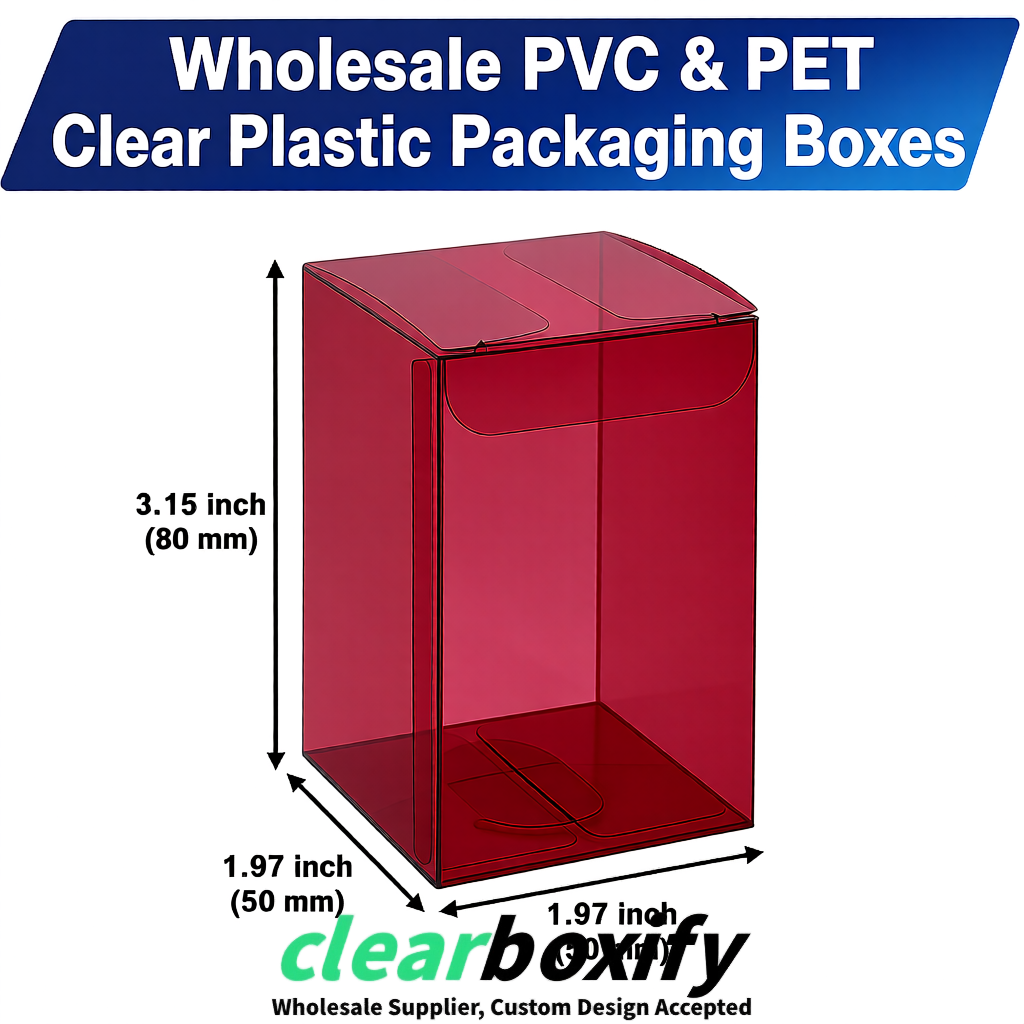 Wine Red Clear PVC & PET Boxes 38x38x38, 40x40x40, 50x50x50/80mm