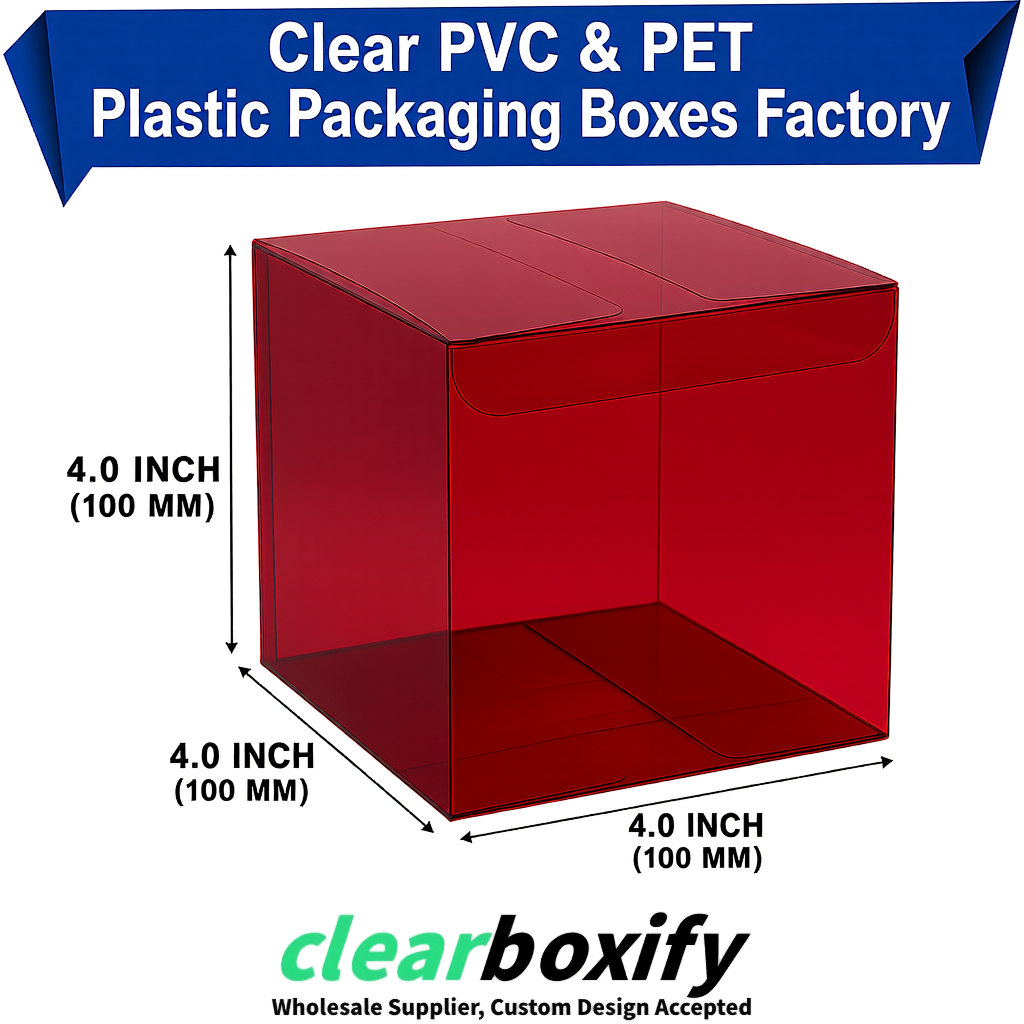 Wholesale Wine Red Clear PVC & PET Boxes 90x90x90mm 100x100x30/50/100mm