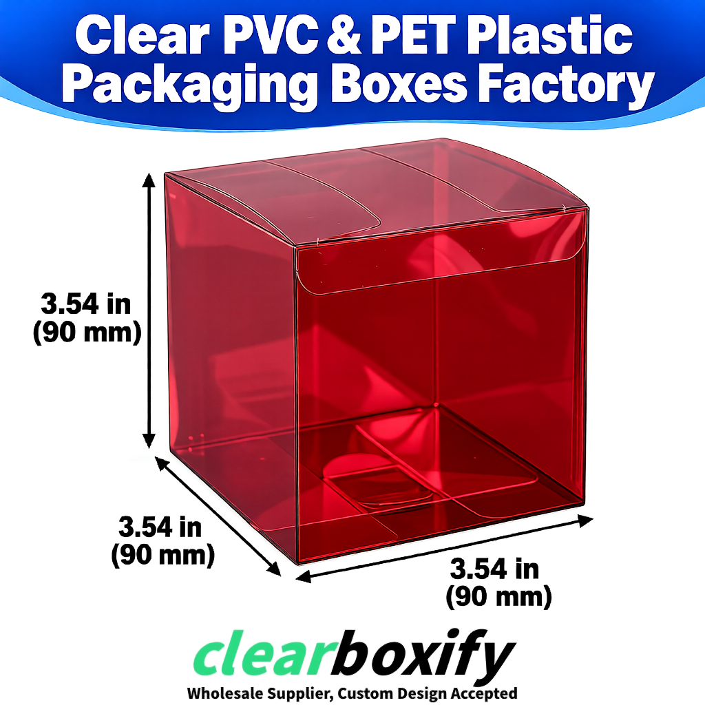Wholesale Wine Red Clear PVC & PET Boxes 90x90x90mm 100x100x30/50/100mm