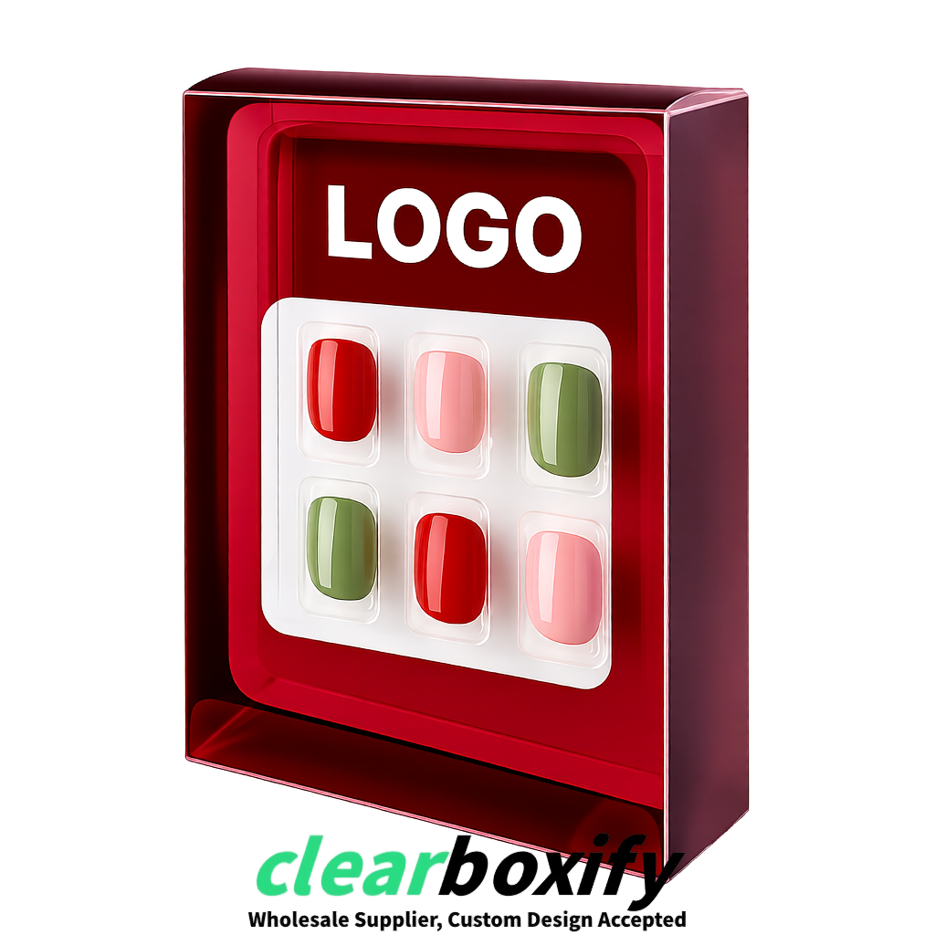 Wine Red Clear Press-on Nails Box with Hanging Hook | Plastic PVC PP PET Packaging