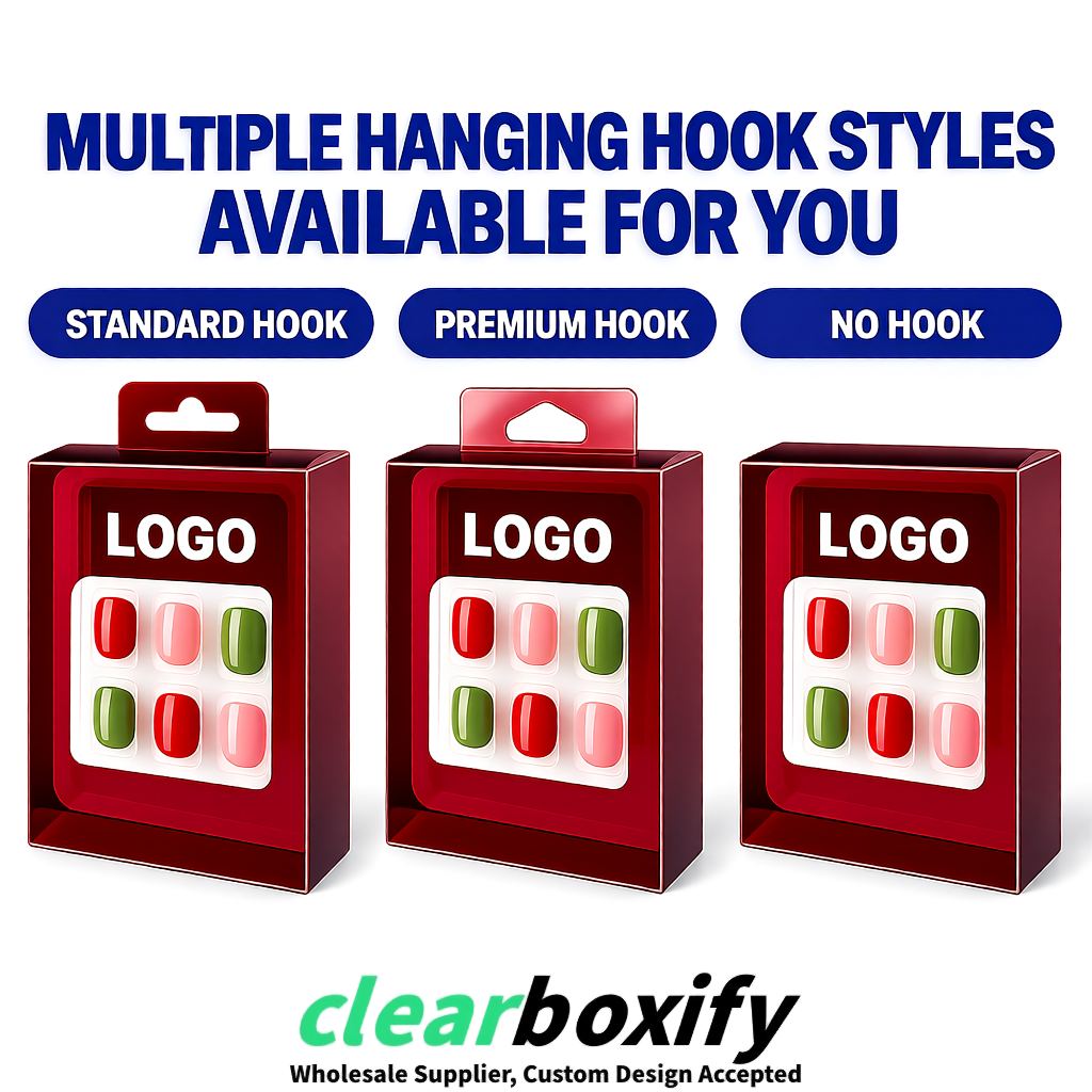 Wine Red Clear Press-on Nails Box with Hanging Hook | Plastic PVC PP PET Packaging