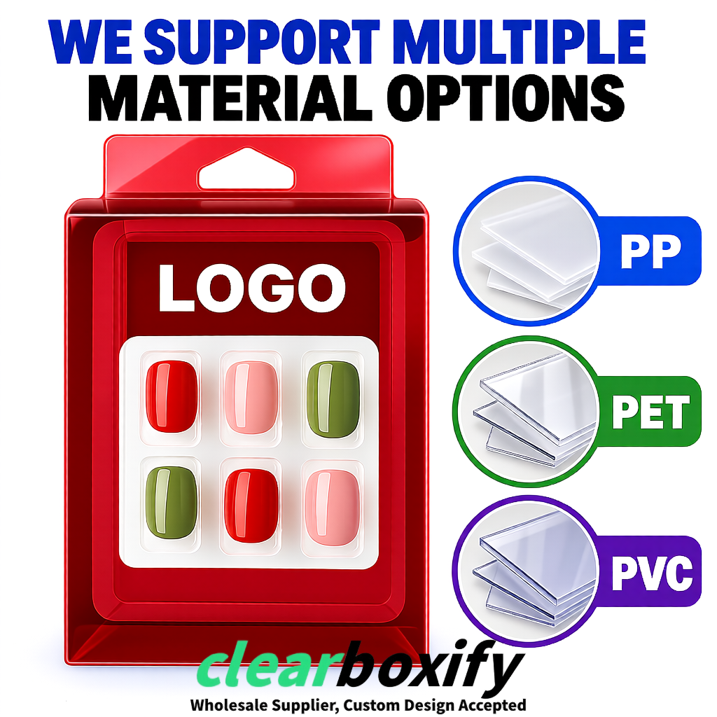 Wine Red Clear Press-on Nails Box with Hanging Hook | Plastic PVC PP PET Packaging