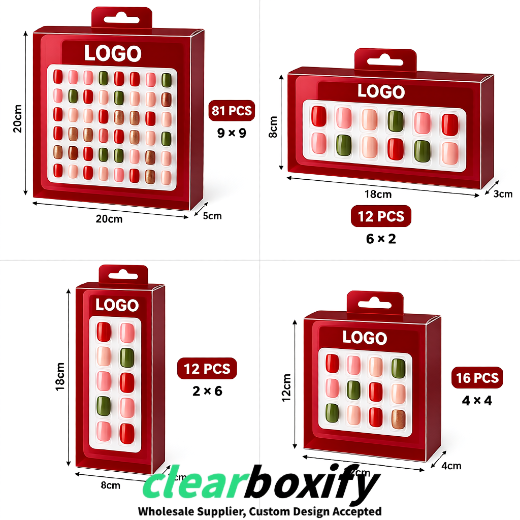 Wine Red Clear Press-on Nails Box with Hanging Hook | Plastic PVC PP PET Packaging