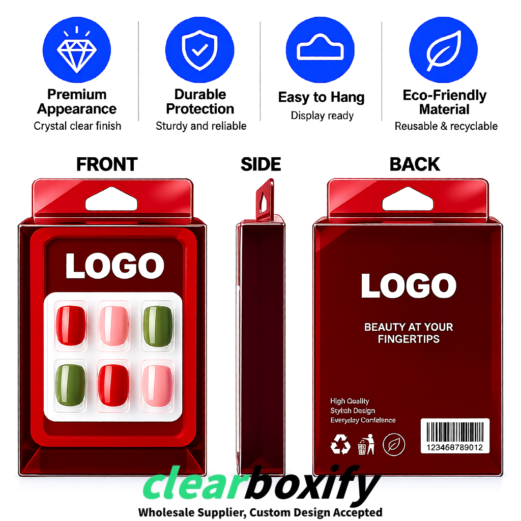 Wine Red Clear Press-on Nails Box with Hanging Hook | Plastic PVC PP PET Packaging