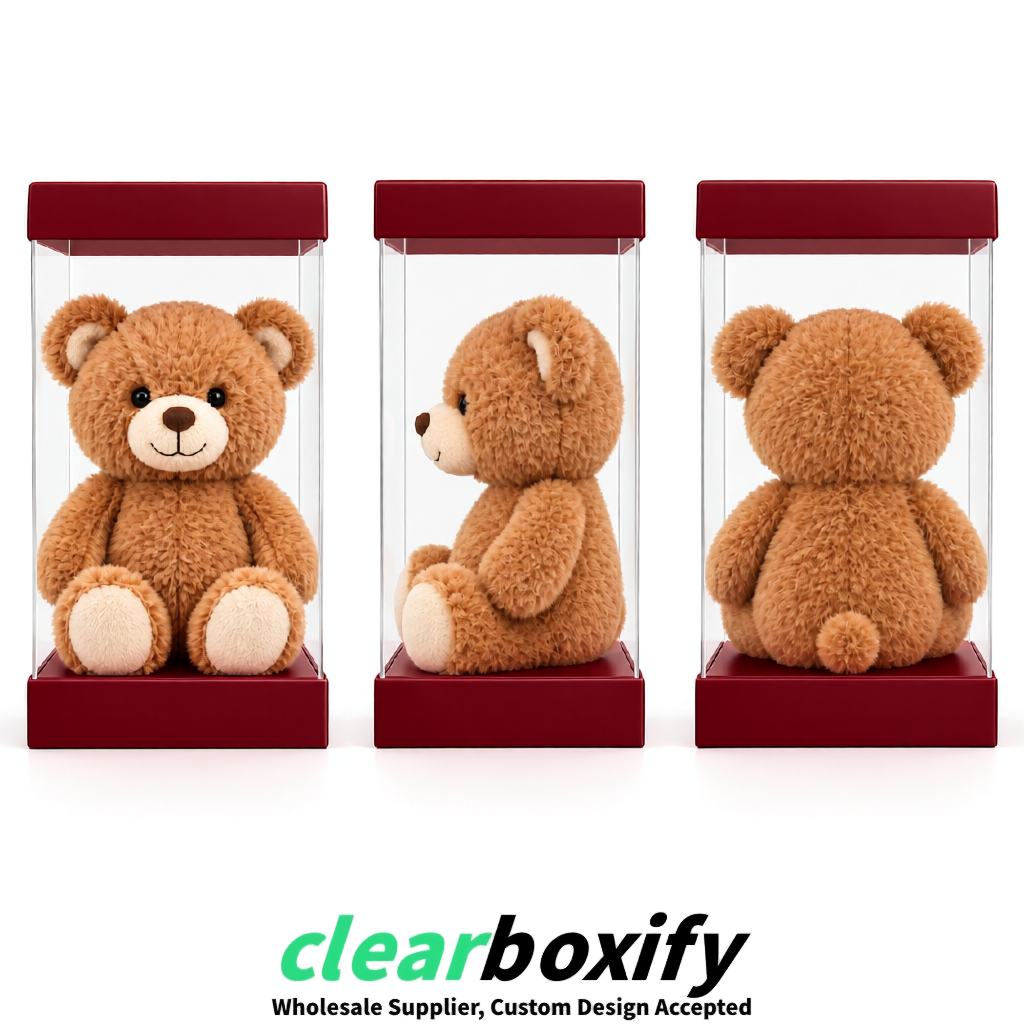 Wine Red Clear Toy Display Boxes with White Base & Top | Wholesale Bulk Packaging