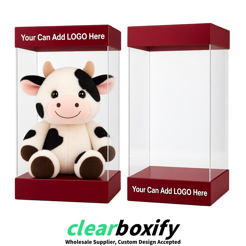 Wine Red Clear Toy Display Boxes with White Base & Top | Wholesale Bulk Packaging