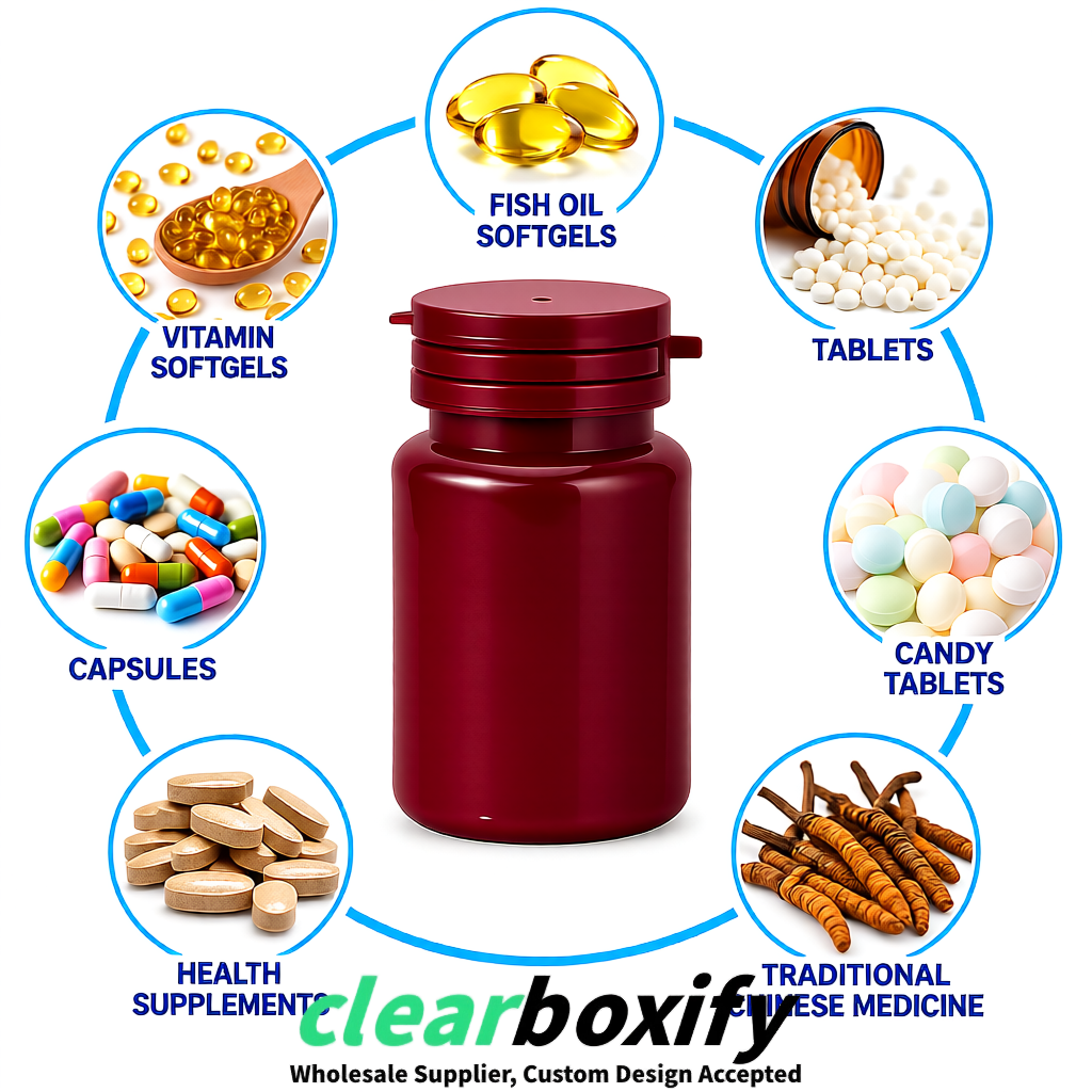 80ml Wine Red Plastic Supplement Bottle for Capsules & Pills, TCM & Softgels